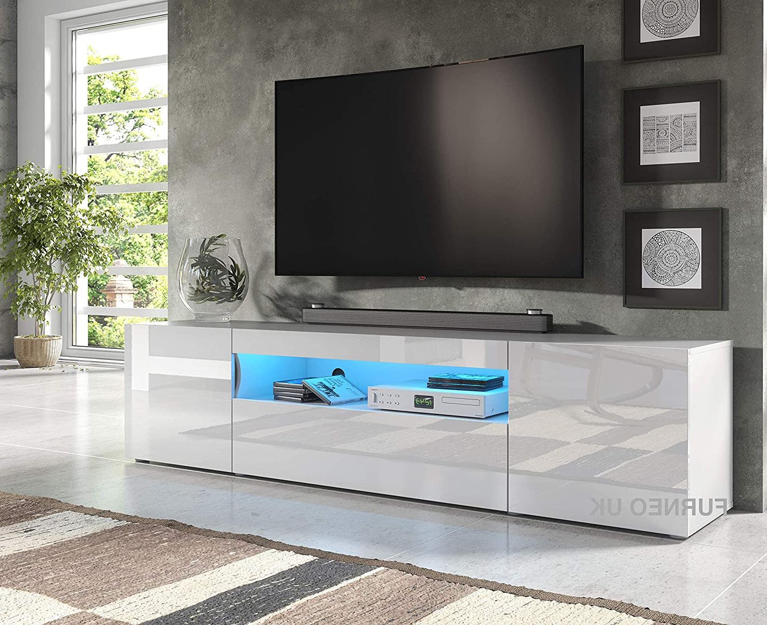 High Gloss Tv Stands Throughout Best And Newest Furneo 200cm Long Tv Stand Unit Cabinet Matt & High Gloss White Clifton08  Blue Led Lights: Amazon.co (View 3 of 10)