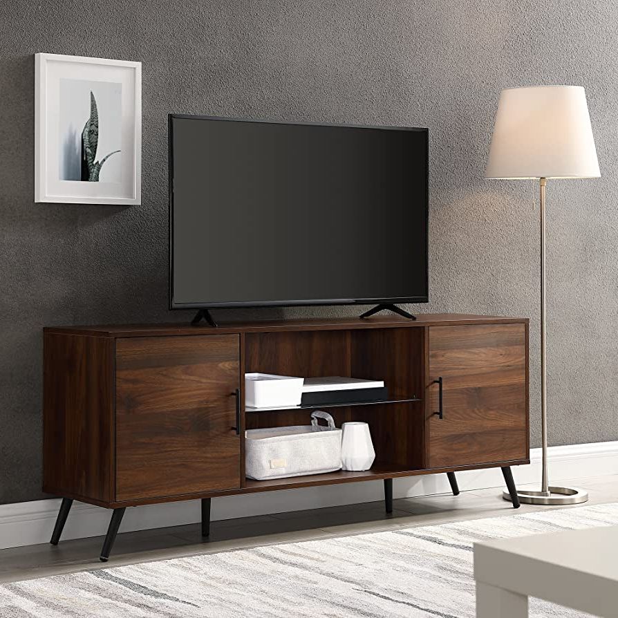 Industrial Faux Wood Tv Stands Regarding Recent Amazon: Walker Edison Saxon Mid Century Modern Glass Shelf Tv Stand For  Tvs Up To 65 Inches, 60 Inch, Walnut & Montclair Mid Century Modern Faux  Marble Top 1 Drawer Coffee Table, (View 7 of 10)