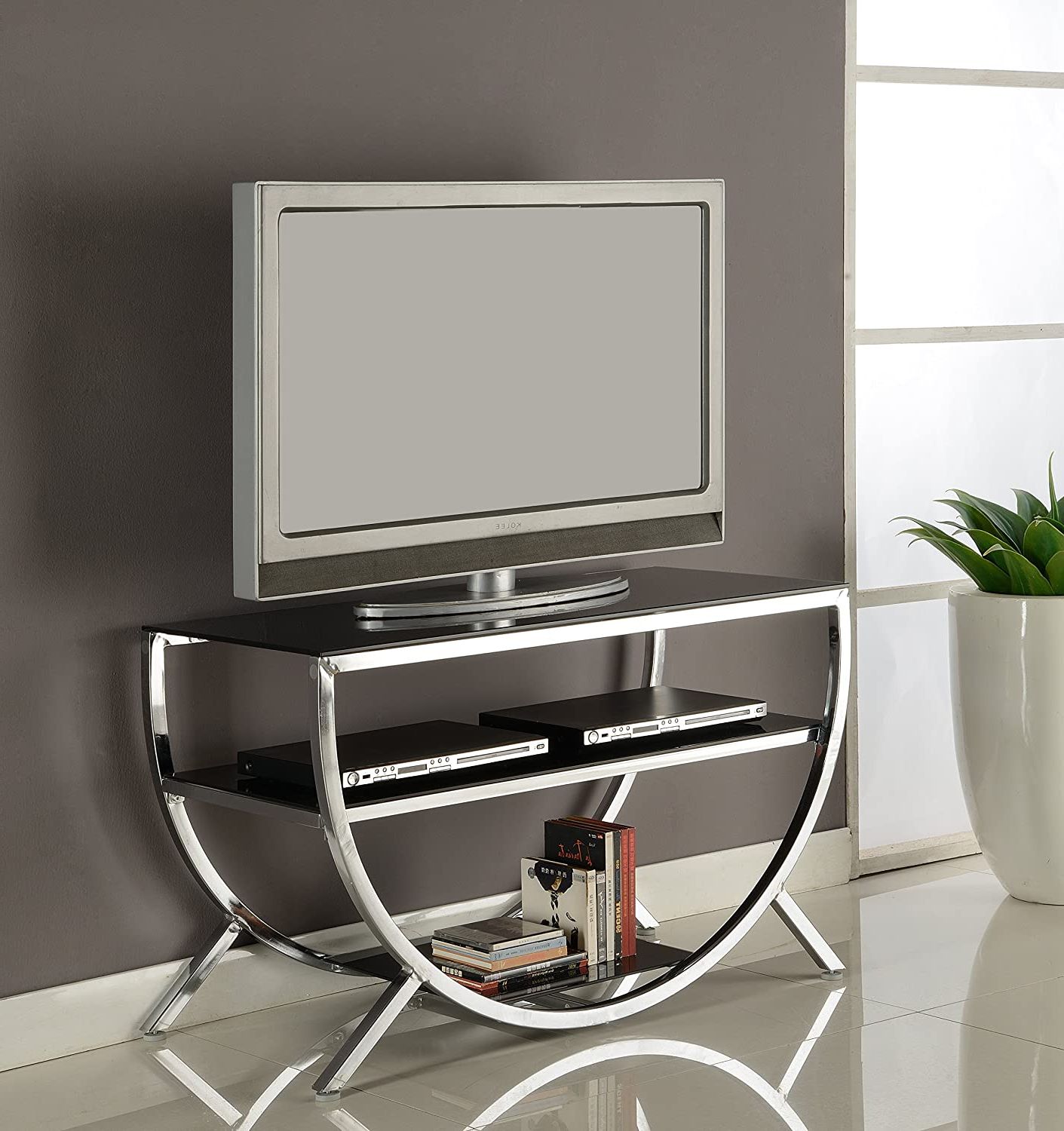 Kings Brand Furniture Metal With Glass Top & Shelves Tv Stand, Chrome :  Amazon.co (View 3 of 10)