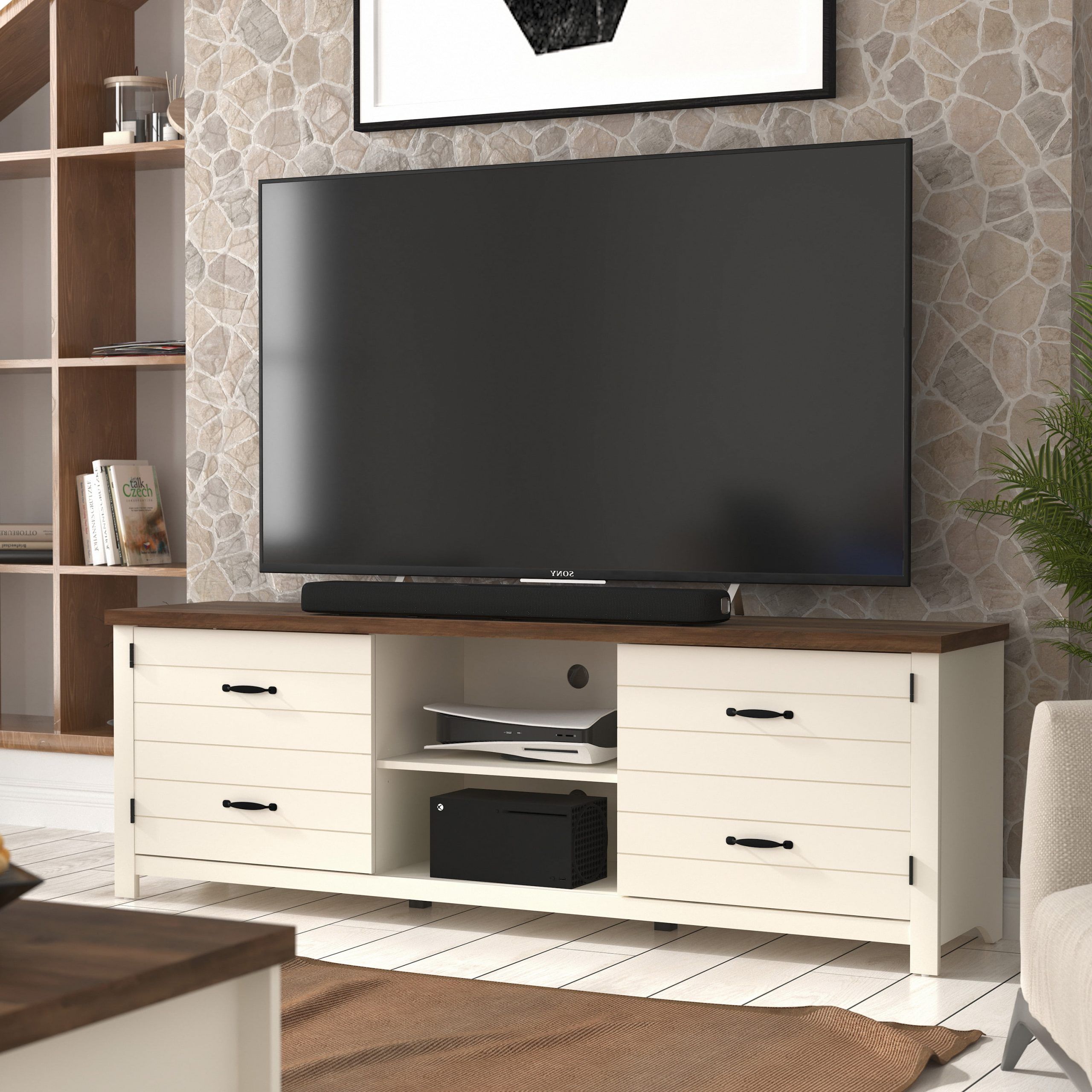 Latest Lancaster Farmhouse 70” Tv Stand With Charging Station For Tv's Up To 75”,  Ivory/oak – Walmart Pertaining To Tv Stands With Charging Station (View 5 of 10)