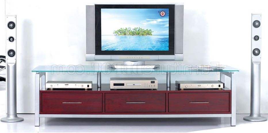Mahogany Finish Modern Tv Stand With Glass Top Pertaining To Well Known Glass Top Tv Stands (View 8 of 10)