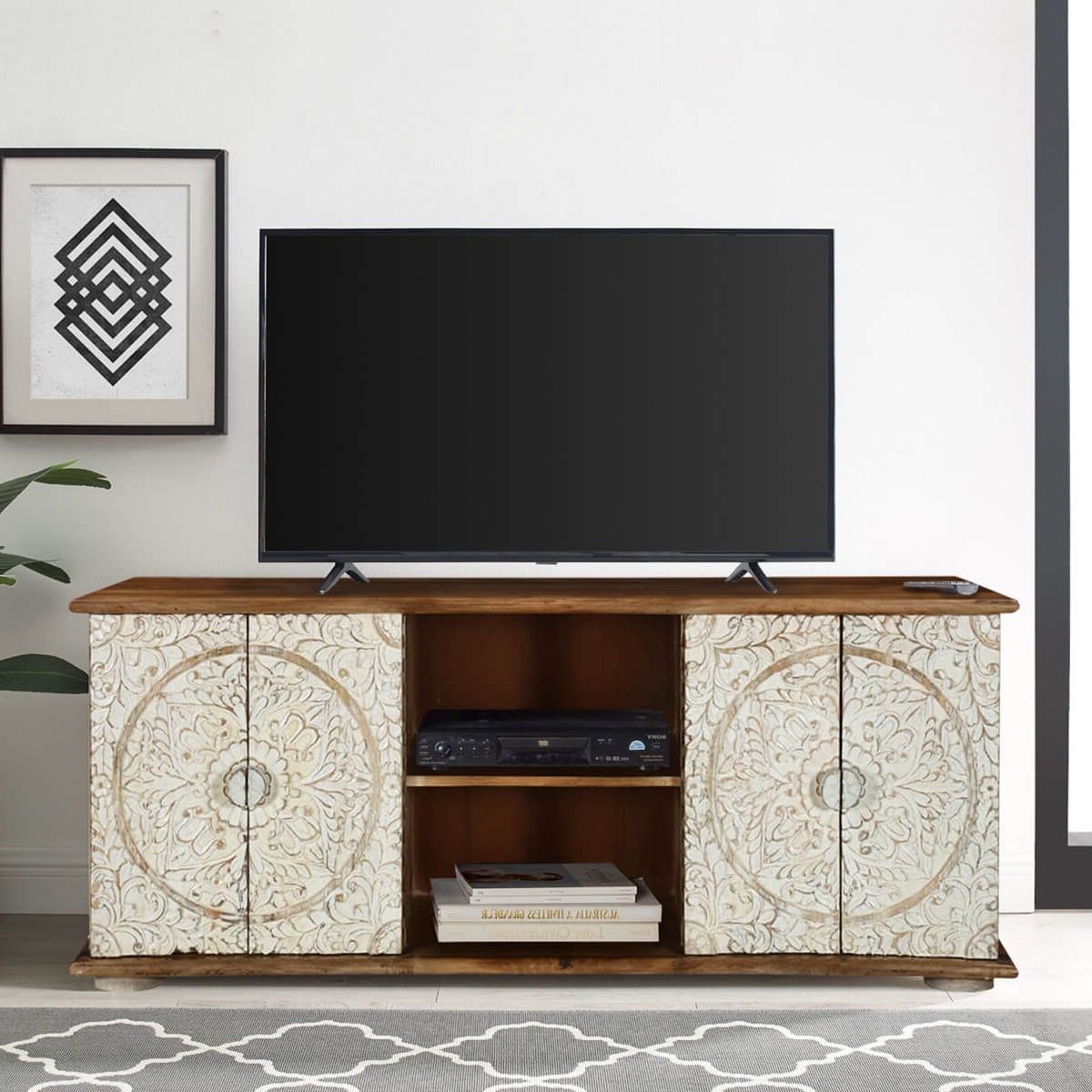 Mandala 59" Hand Carved & Painted Solid Wood Tv Stand Media Console In Most Popular Wooden Hand Carved Tv Stands (View 2 of 10)