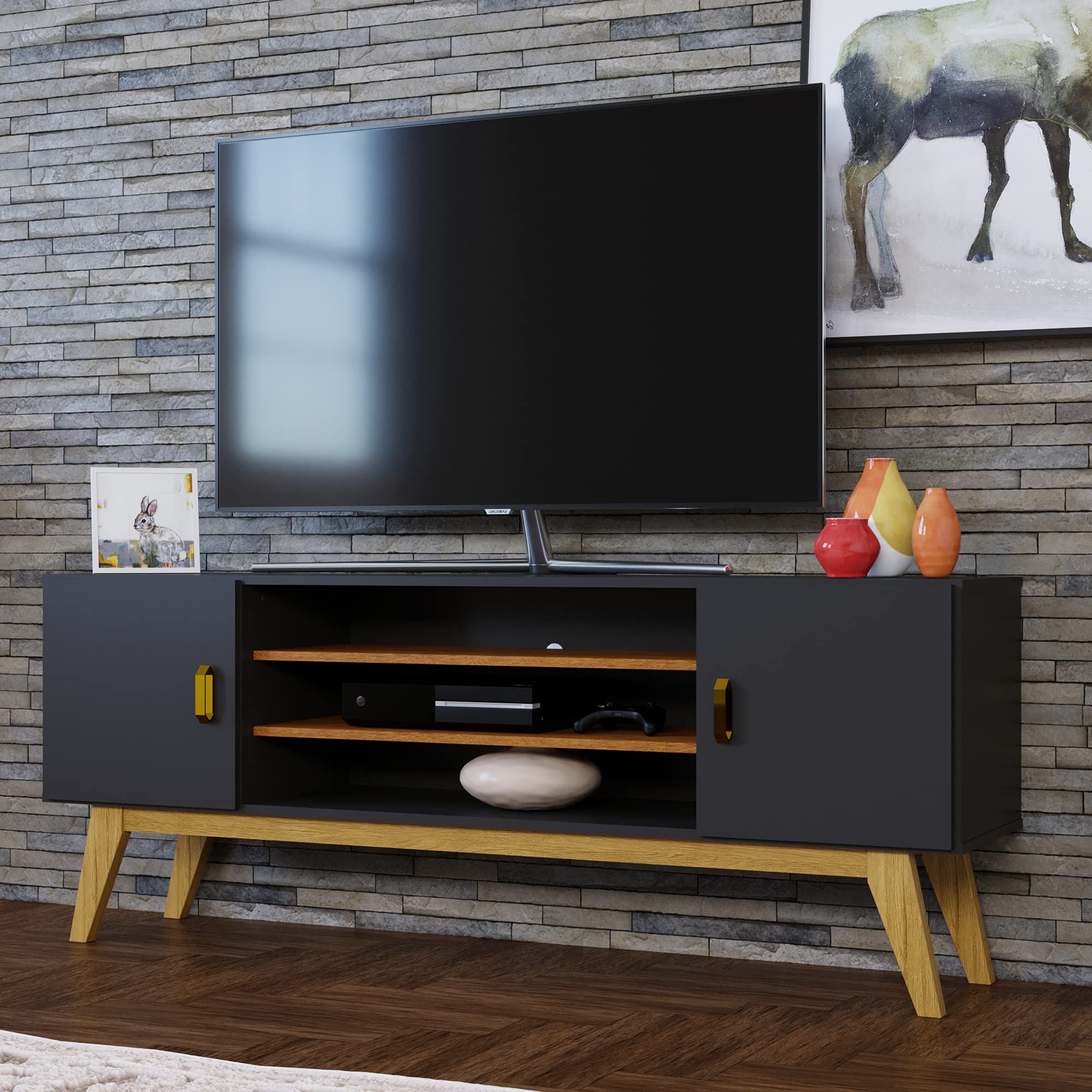 Matte Tv Stands Pertaining To Most Recent Amazon: Boahaus Atlanta Black Matte Tv Stand, Tvs Up To 58",  Manufactured Wood : Home & Kitchen (View 3 of 10)