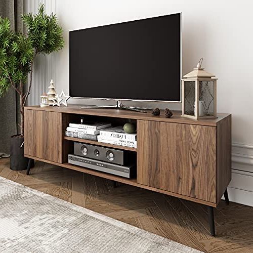 Modern 2 Tier Tv Stands Tv Stands Pertaining To Widely Used Amazon: Mid Century Modern Tv Stand For 58 Inch Tv，entertainment Center Modern  Tv Cabinet With 2 Cabinet & 2 Tier Open Shelf Wood Tv Console Table For  Living Room/bedroom, Rustic Brown : Home (View 6 of 10)