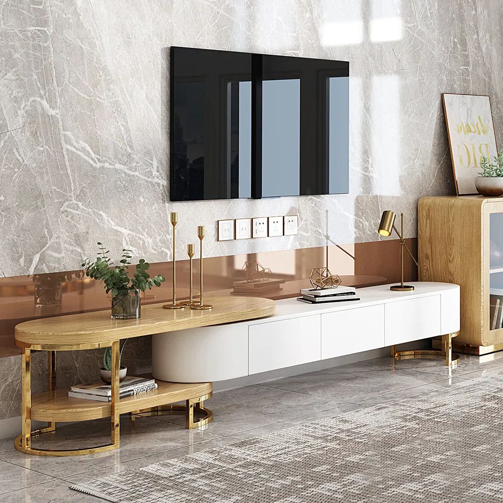 Modern Geometric Tv Stands Within Most Current Nesnesis Modern Extending Tv Stand With Storage Oval White & Natural Media  Console Homary (View 6 of 10)