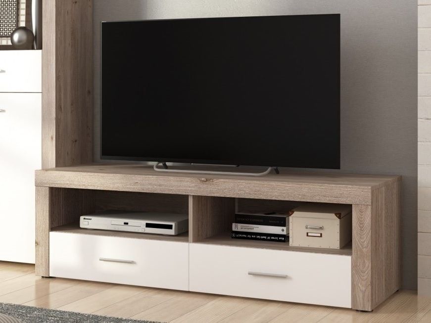 Most Popular 2 Drawer Tv Stands Within 2 Drawer Tv Stand, "oak And White", 135 Cm – Prato – Don Baraton: Tienda De  Sofás, Muebles Y Colchones (View 4 of 10)