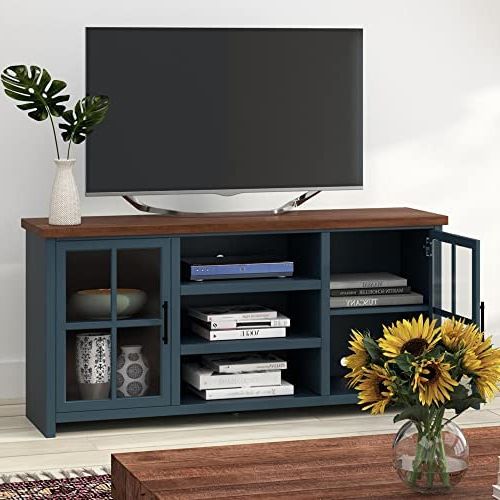 Most Popular Amazon: Bridgevine Home Blue Accent Tv Stand For 65 Inch Tv, Solid Wood  Media Console With Glass Cabinet Doors, Fully Assembled Entertainment  Center With Accent Wood Top : Home & Kitchen With Regard To Wood Accent Tv Stands (View 1 of 10)