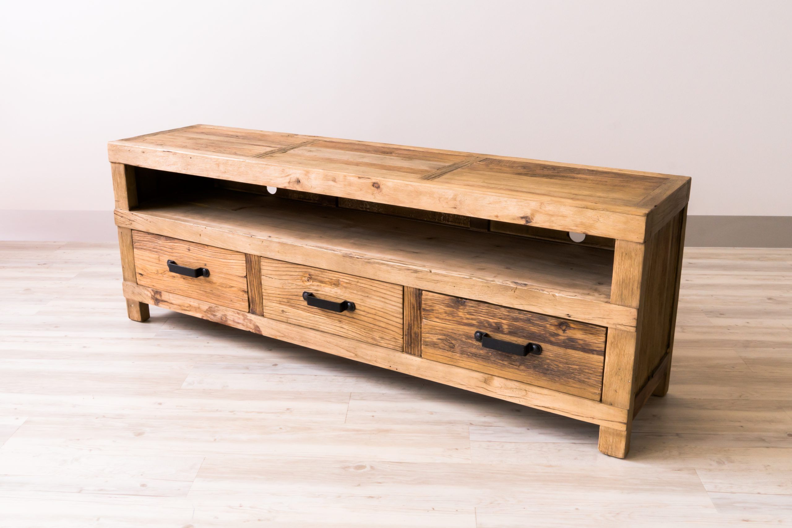 Most Popular Buy Industrial Recycled Elm 3 Drawer Entertainment Unit 180cm Online (View 6 of 10)