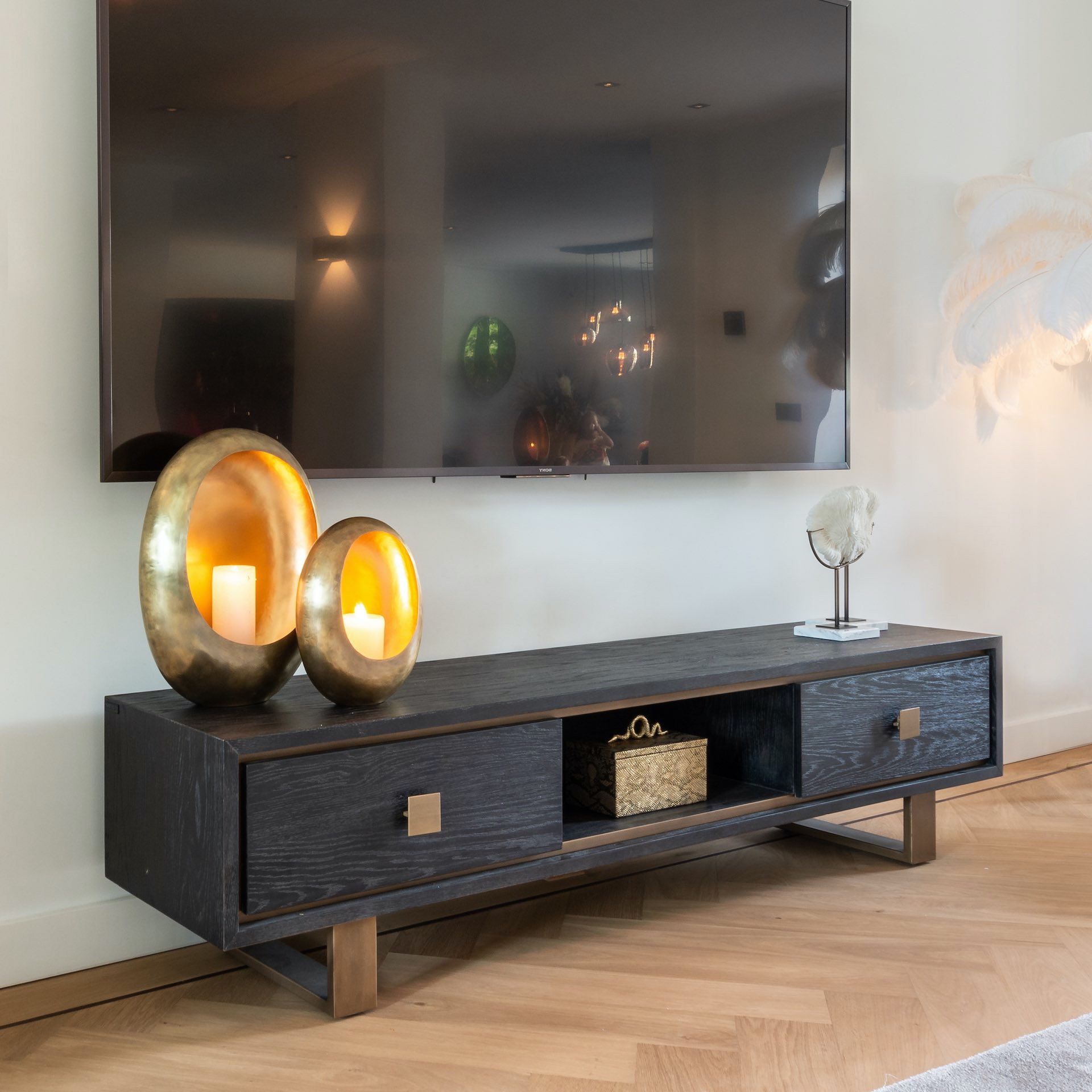 Most Recent Brushed Gold Effect And Black Oak Tv Unit – Juliettes Interiors With Satin Gold Tv Stands (View 4 of 10)