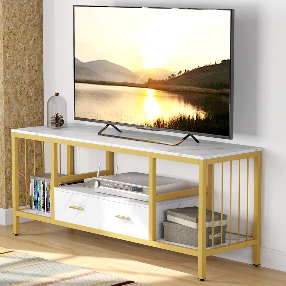 Most Recent Faux Marble Gold Tv Stands With Regard To Amazon: Tribesigns Gold Tv Stand With Drawer, 55 Inch Media Stand Tv  Console For Tvs Up To 60" With Faux Marble Veneer For Living Room (gold &  White) : Home & Kitchen (View 10 of 10)