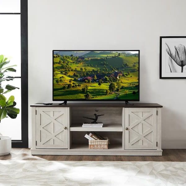 Most Recent Off White Wood Tv Stands In Festivo 64 In. Saw Cut Off White With Dark Drift Wood Desktop Tv Stand For  Tvs Up To 70 In (View 3 of 10)
