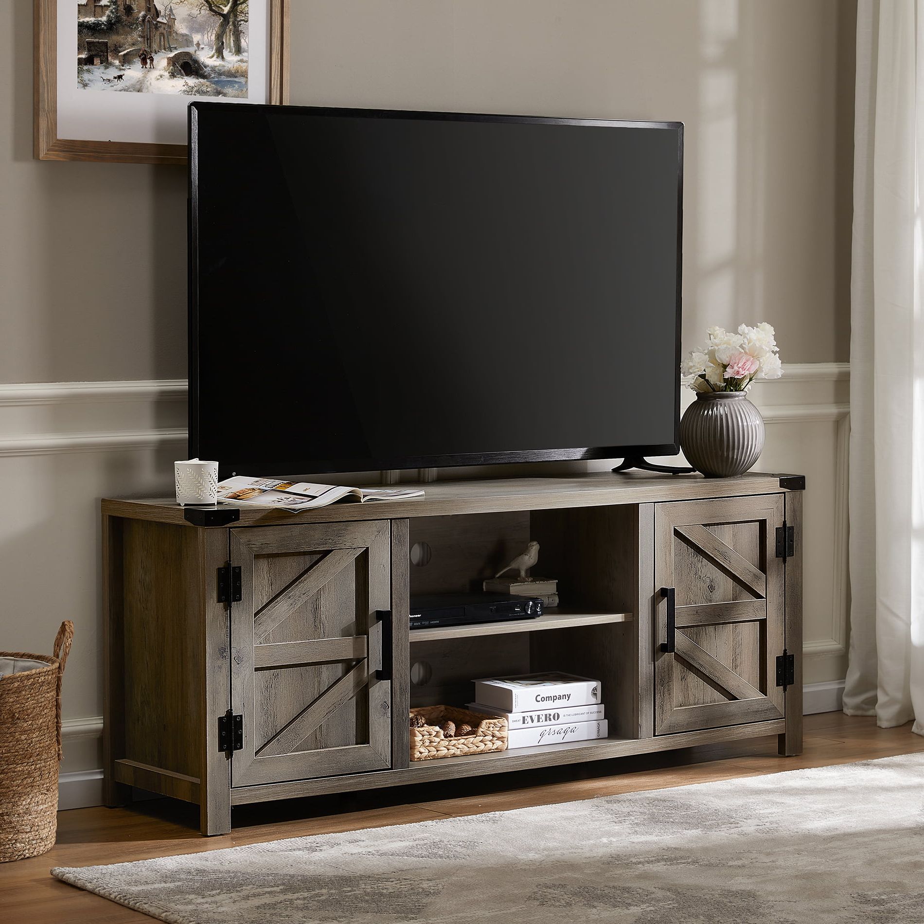 Most Recent Tv Stands With Storage Regarding Fitueyes Farmhouse Barn Door Wood Tv Stands For 70" Flat Screen, Media Console  Storage Cabinet, Rustic Gray Wash Entertainment Center For Home Living  Room, 59 Inch – Walmart (View 7 of 10)