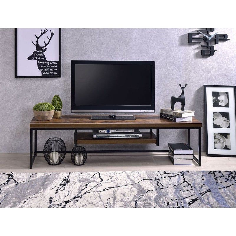Newest Industrial Style Rectangular Tv Stand With 1 Shelf Media Open Compartment,  Tvs Up To 50", Weathered Oak & Black – Overstock – 34802335 Intended For Round Industrial Tv Stands (View 10 of 10)
