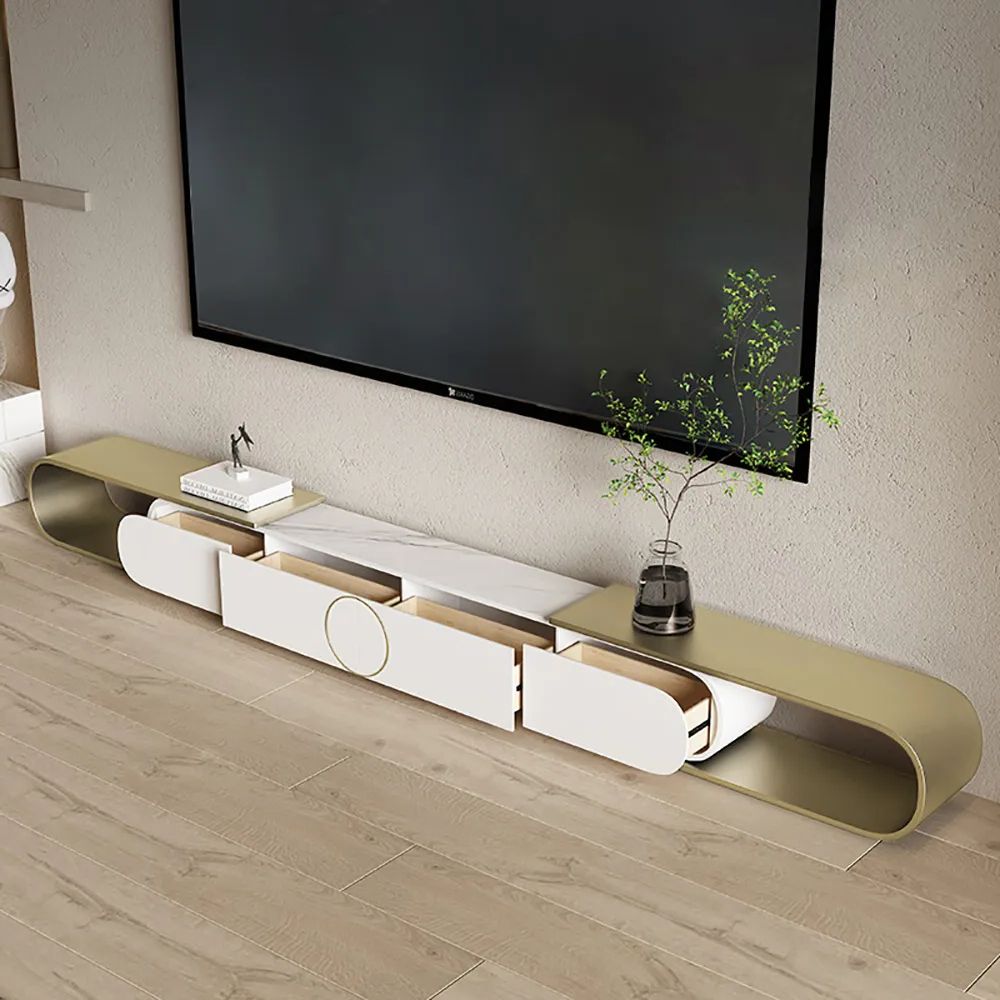 Newest Metal Oval Tv Stands With Regard To Modern Extendable Oval Metal Tv Stand With 4 Drawers In Gold & White For Tv  Up To 3048mm Homary (View 3 of 10)