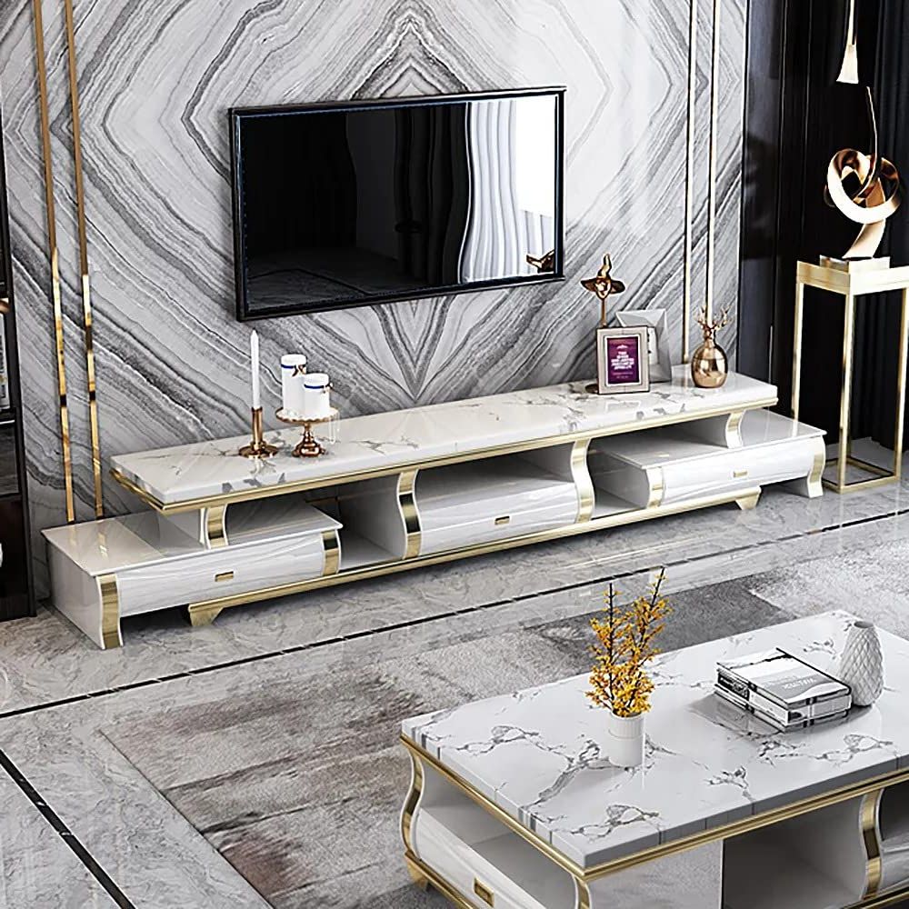 Ng Decor, White Extendable Tv Stand With Drawers Faux Marble Media Console  For 85 Inch Tvs : Amazon (View 10 of 10)