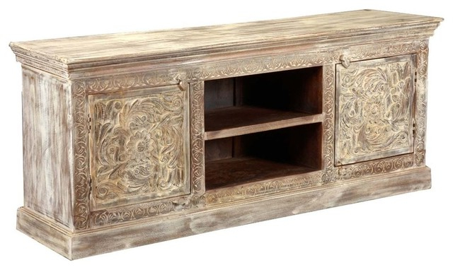 Popular Farmhouse Style Handcarved Tropical Hardwood Media Center Console –  Farmhouse – Entertainment Centers And Tv Stands  Sierra Living Concepts  Inc (Photo 7 of 10)