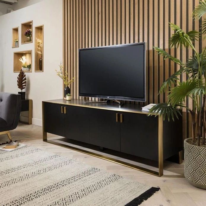 Popular Quatropi Tv Cabinet 200cm Matte Black With Brass Frame & Black Ceramic Top  – Quatropi Throughout Matte Tv Stands (View 1 of 10)