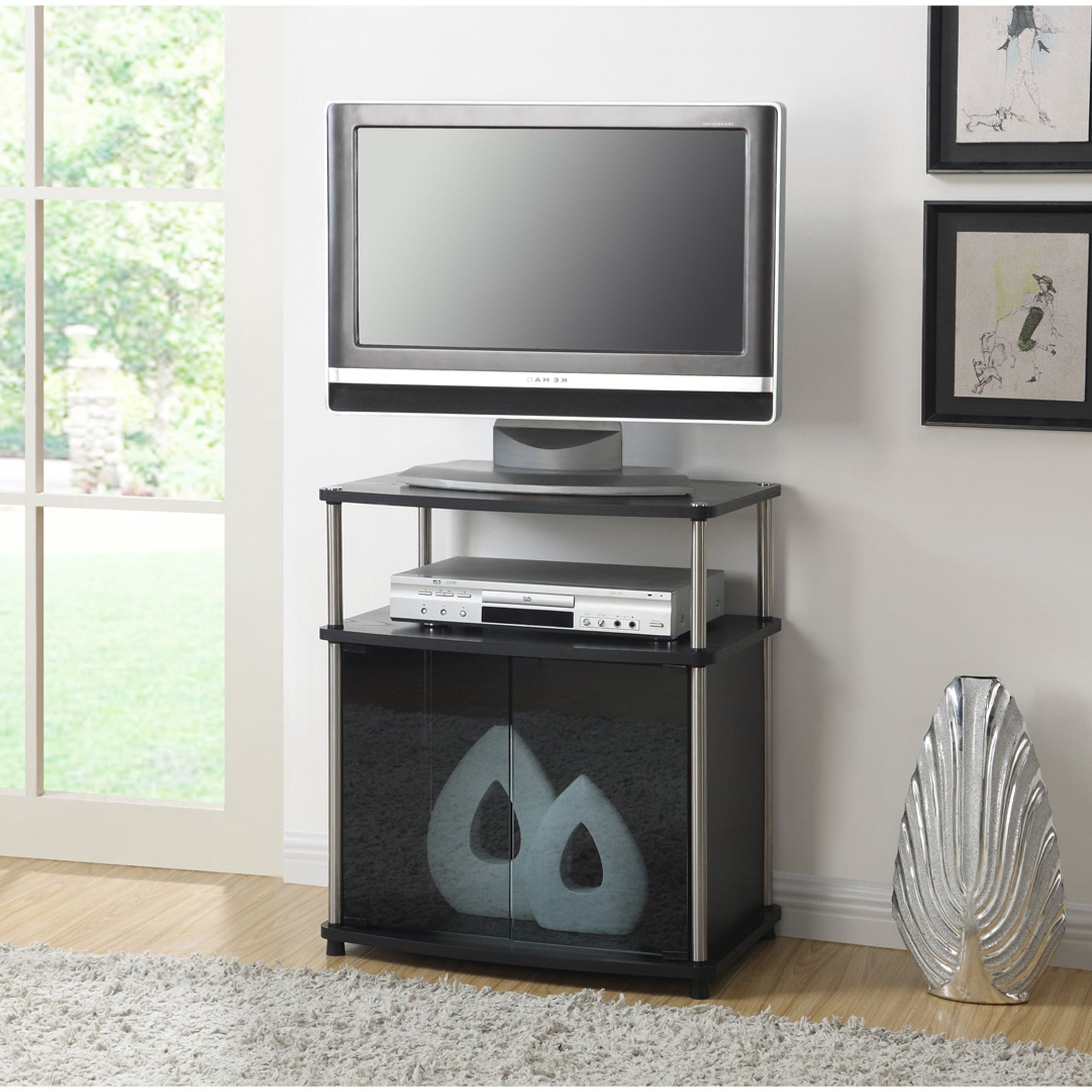 Porch & Den Derbigny Tv Stand With Black Glass Storage Cabinet – On Sale –  Overstock – 20559115 In Best And Newest Glass Tv Stands With Storage Shelf (View 8 of 10)