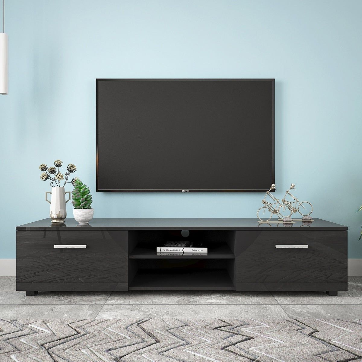 Recent 63 Inch Tv Stand Media Storage Console Entertainment Center With 2 Tier  Middle Shelf And 2 Large Capacity Side Door Cabinets – Overstock – 35470163 Regarding Modern 2 Tier Tv Stands Tv Stands (View 8 of 10)