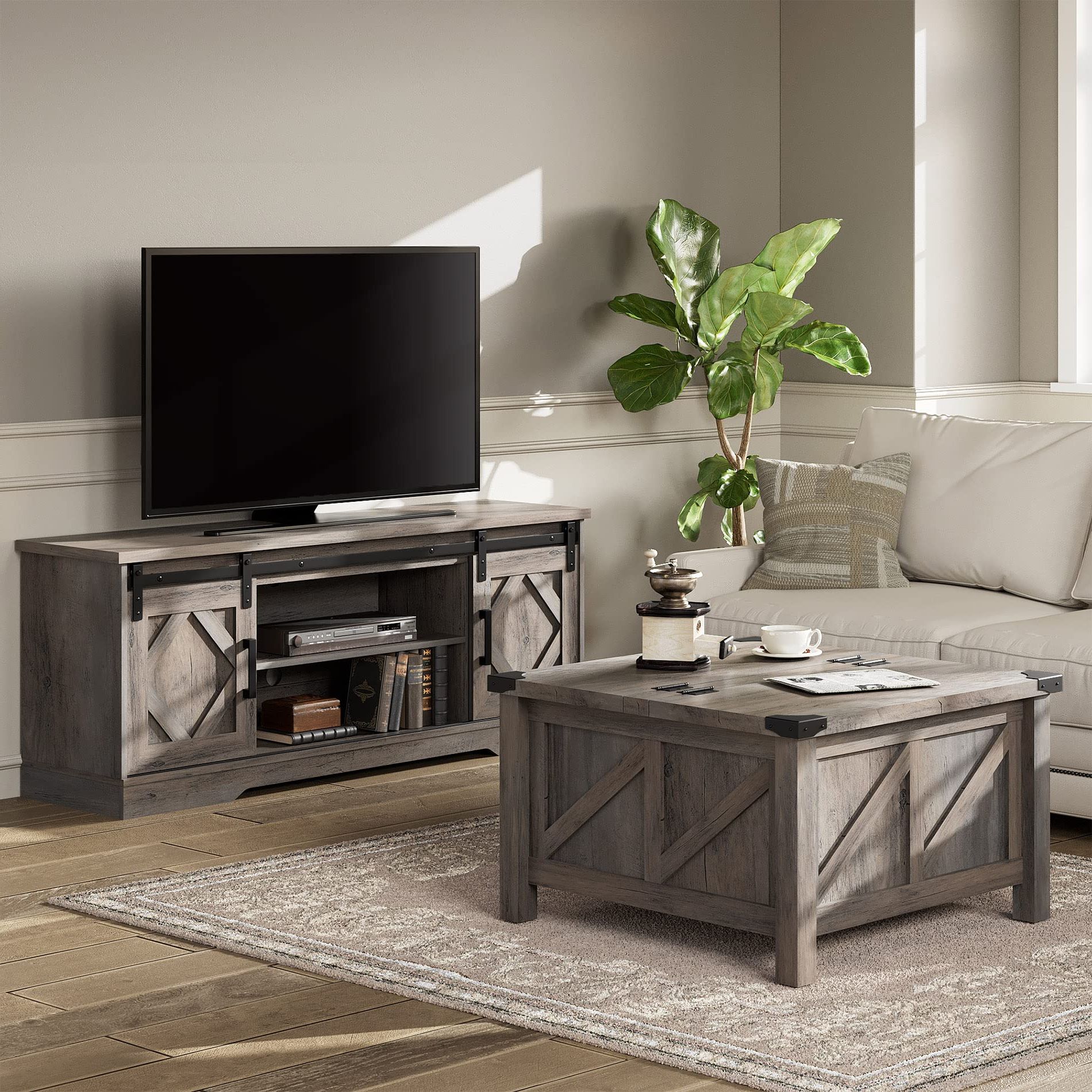 Recent Lift Top Tv Stands Regarding Amazon: Wampat Farmhouse Sliding Barn Door Tv Stand And Coffee Table  Set Of 2,modern Storage Entertainment Center For Tvs Up To 65'', Square  Wood Center Table With Gas Struts Lift Top For Living (View 1 of 10)