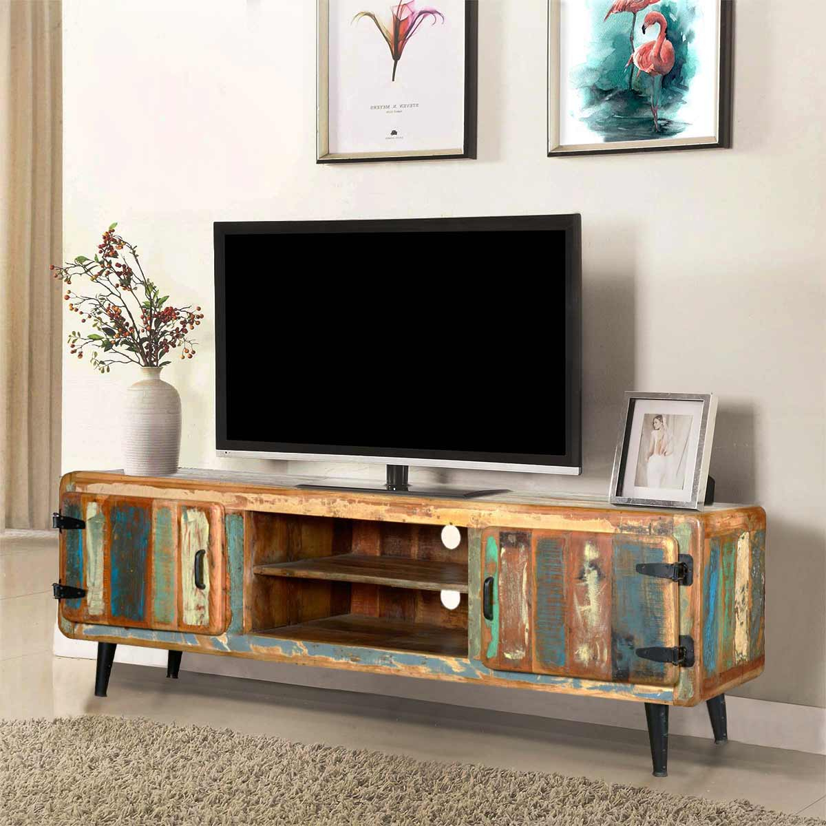 Reclaimed Vintage Tv Stands Pertaining To Most Up To Date Medway Retro Reclaimed Wood Large Tv Media Console W Center Shelves (Photo 9 of 10)