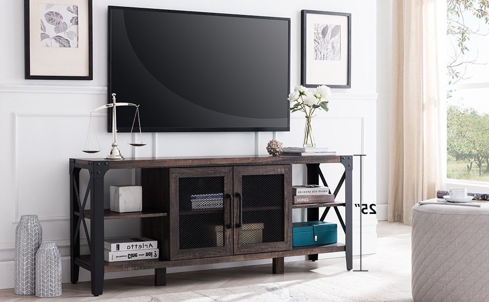 Round Industrial Tv Stands Intended For Widely Used Amazon: Okd Modern Industrial Tv Stand For Tvs Up To 70 Inch, Rustic  Farmhouse Entertainment Center For 65 Inch Tv, Wood Tv Media Console With  Sturdy Metal X Frame And Adjustable Shelves, Dark (View 6 of 10)