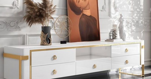 Satin Gold Tv Stands With Regard To Well Liked White Tv Stand Modern Gold Tv Console With Storage Media Cabinet For Tvs Up  To 78 Inches (View 10 of 10)