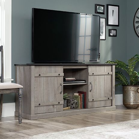 Sauder Select Tv Credenza Mystic Oak With Raven Oak Accent (429347) – Sauder In Trendy Black Accent Tv Stands (View 10 of 10)