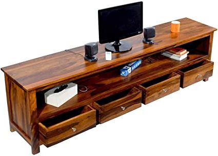 Ss Wood Furniture Sheesham Solid Wood Meter Dolly 4 Draw Tv Unit Cabinet  Entertainment Stand (natural Teak Finish) : Amazon (View 9 of 10)