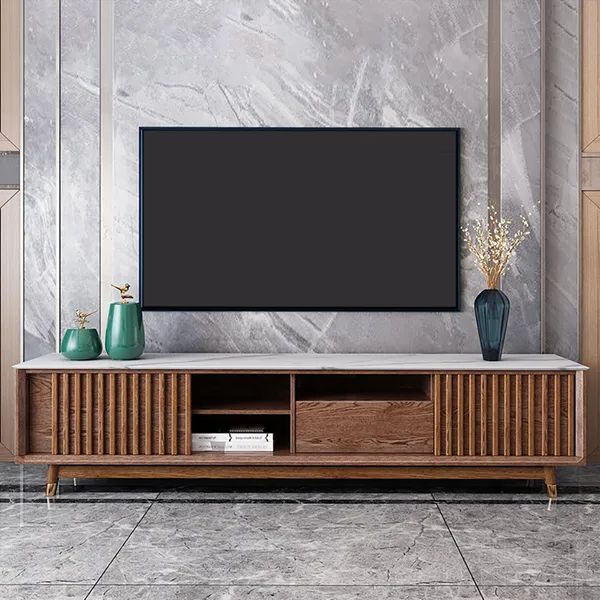 Stone Top Tv Stands With Regard To Most Current 2000mm Walnut Tv Stand Stone Top Media Console Sliding Doors Drawers Homary (View 3 of 10)
