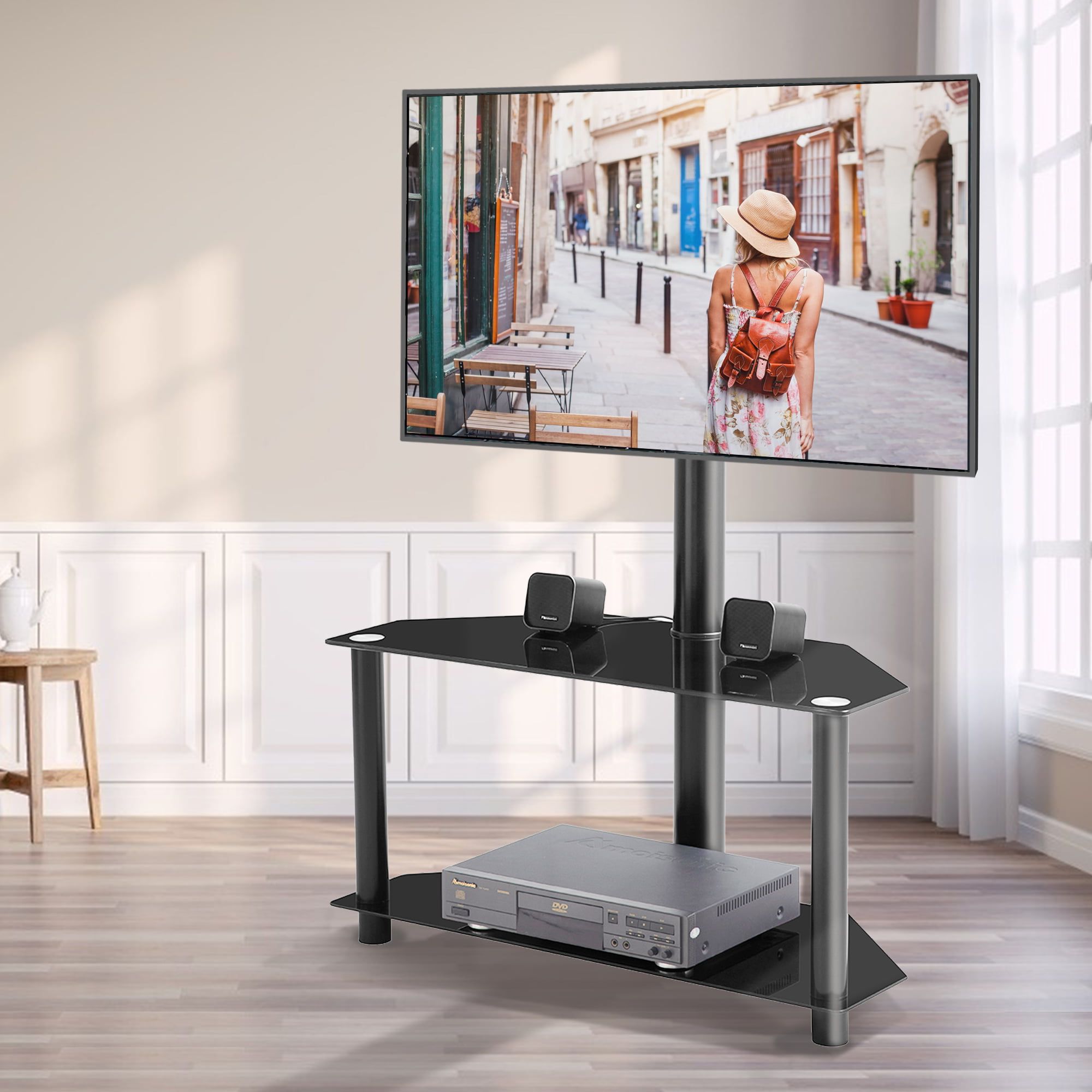 Tv Stand With Mounting Bracket, 2 Tier Glass Tv Stand With Metal Frame,  Floor Tv Stand For 32 55 Inch Tv, Living Room Storage Shelves Entertainment  Center, Bedroom, Apartment Corner Tv Stand, W8599 – Pertaining To Most Current 2 Tier Metal Tv Stands (View 4 of 10)