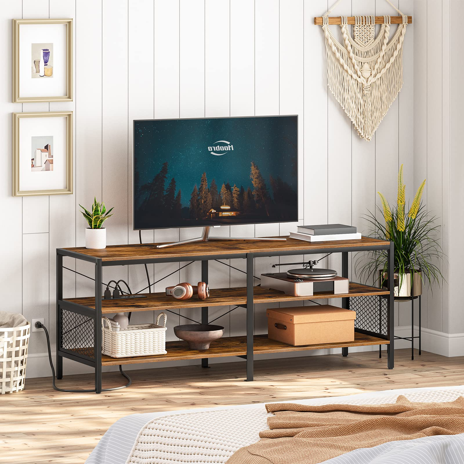 Tv Stands With Charging Station Intended For Most Recent Amazon: Hoobro Tv Stand With Charging Station Tvs Up To 65 Inches,  3 Tier Media Tv Console Table With Open Storage Shelves, Industrial Tv  Entertainment Center For Living Room, Bedroom, Rustic Brown Bf142ds01 : (Photo 2 of 10)