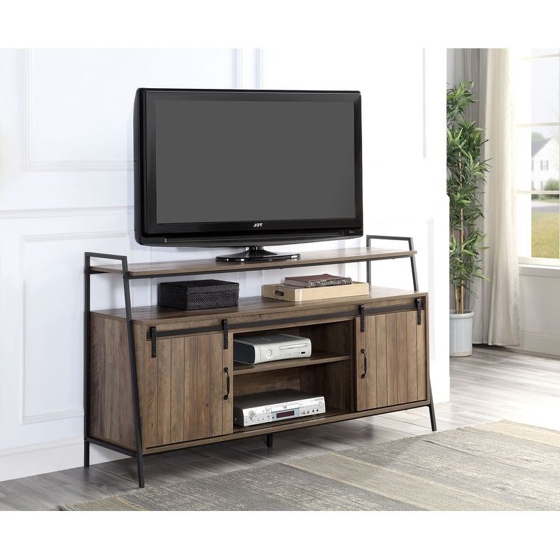 Tv Stands With Compartment Inside Best And Newest Industrial Style Tv Stand With 6 Storage Compartment(with 3 Shelfs), Rustic  Oak & Black Finish – Overstock –  (View 4 of 10)