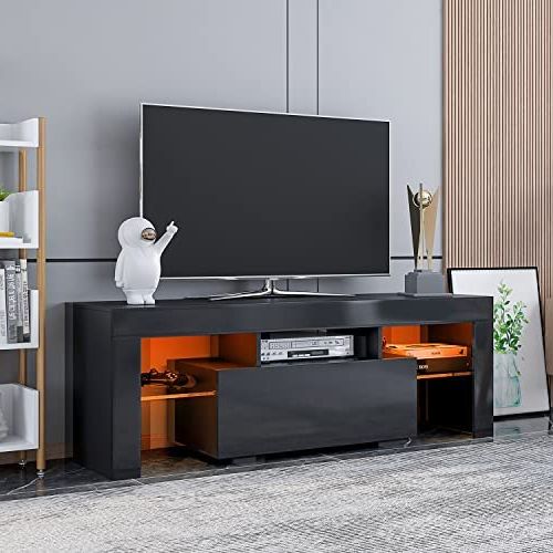 Tv Stands With Storage Within Famous Amazon: Dmaith Tv Stand With Led Lights, Modern Gloss Entertainment  Center Media And Open Shelves Console Table Storage Desk With 1 Drawer For  Up To 60 Inch Tv, Black : Home & Kitchen (View 6 of 10)