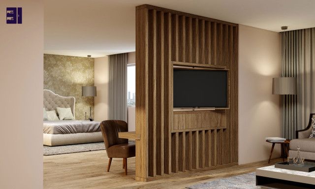 Tv Unit Open Storage Decor Wood Rails Rotating Tv Suppliedinspired  Elements – Moderne – Salle De Cinéma – Londres – Par Inspired Elements Ltd (View 1 of 10)