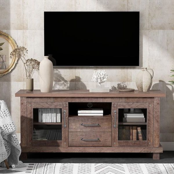 Urtr Vintage 57.9 In. Barn Wood Tv Stand With 2 Drawers And Open Shelves  Tv's Up To 65 In (View 10 of 10)