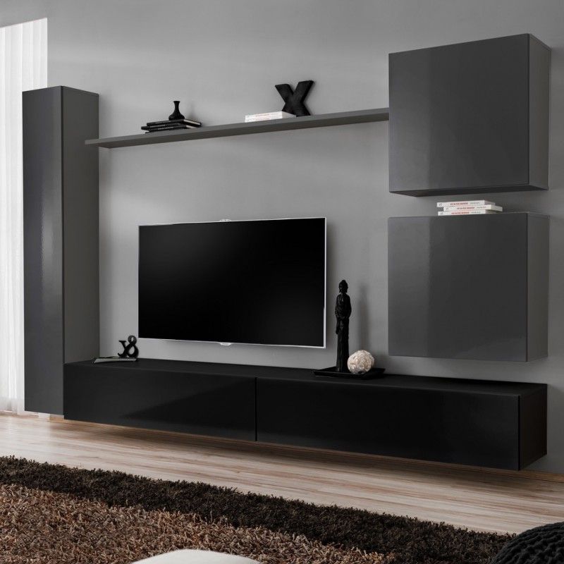 Wall Unit 280cm Wide Tv Stand Shelves Two Square Cabinets Push Click Doors  Grey Black High Gloss Bmf Switch Viii Pertaining To Well Liked Black Square Tv Stands (View 8 of 10)