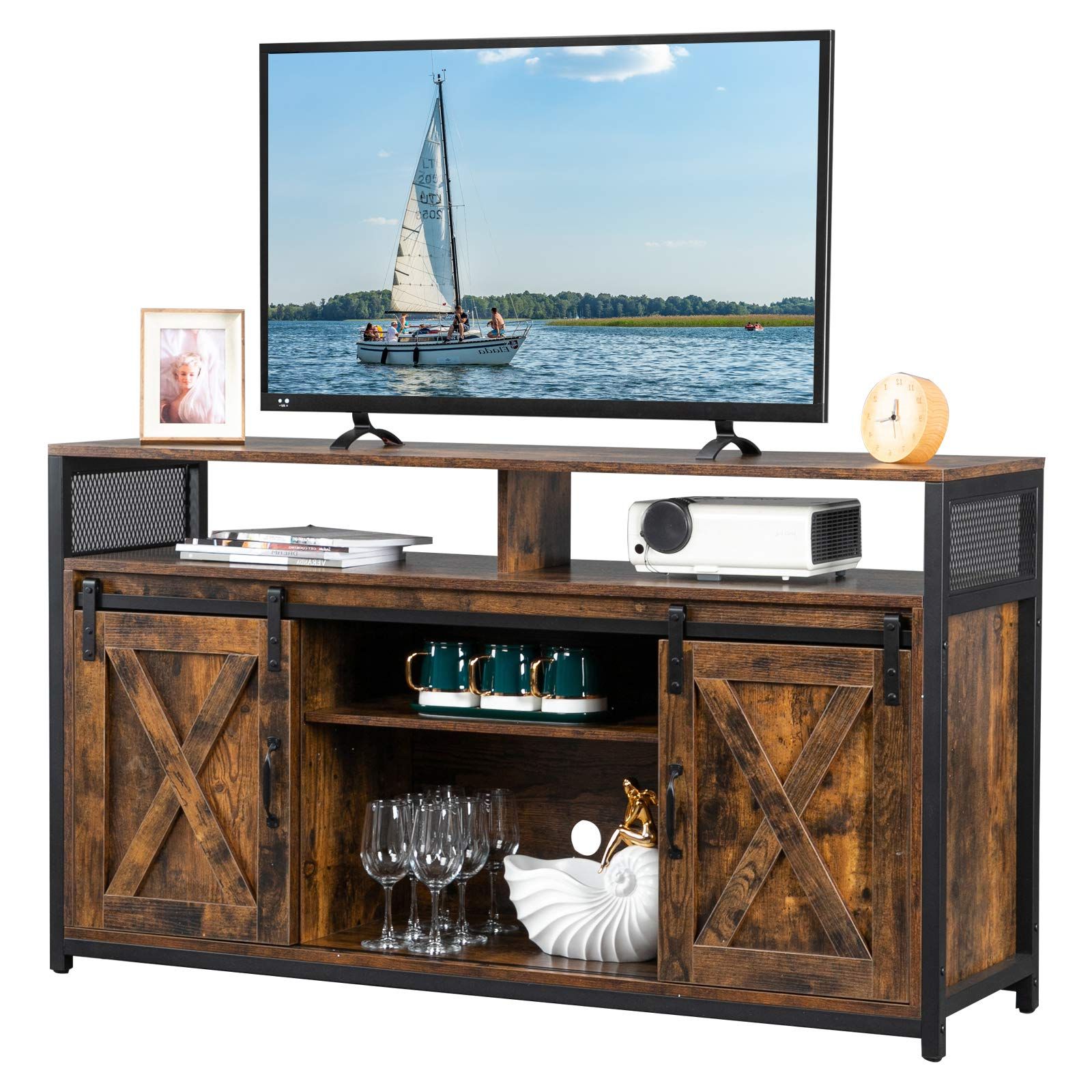 Well Known Amazon: Vingli Farmhouse Tv Stand With Sliding Barn Doors For Tvs Up To  55" Flat Screen, Rustic Entertainment Center Media Console Table Cabinet  W/adjustable Shelves (rustic Brown) : Home & Kitchen Throughout Reclaimed Fruitwood Tv Stands (View 5 of 10)