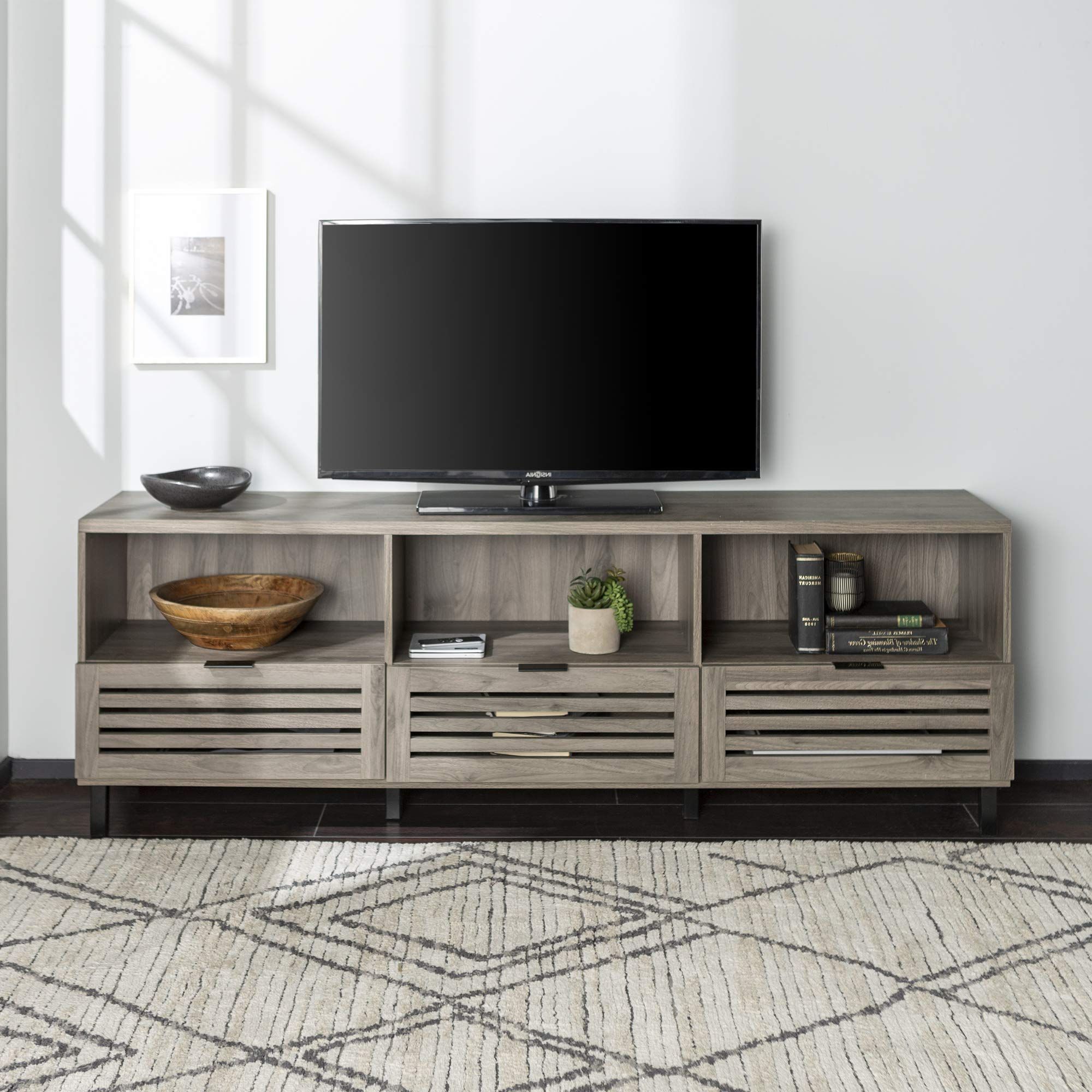 Well Known Amazon: Walker Edison Modern Slatted Wood Tv Stand For Tv's Up To 80"  Universal Tv Stand For Flat Screen Living Room Storage Cabinets And Shelves  Entertainment Center, 70 Inch, Slate Grey : In Slat Tv Stands (View 3 of 10)