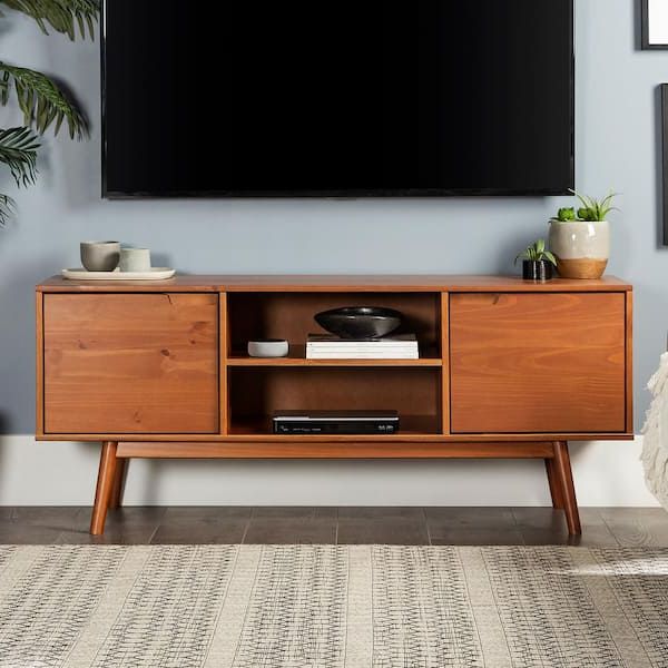 Welwick Designs 58 In. Caramel Solid Wood Tv Stand Fits Tvs Up To 65 In (View 1 of 10)