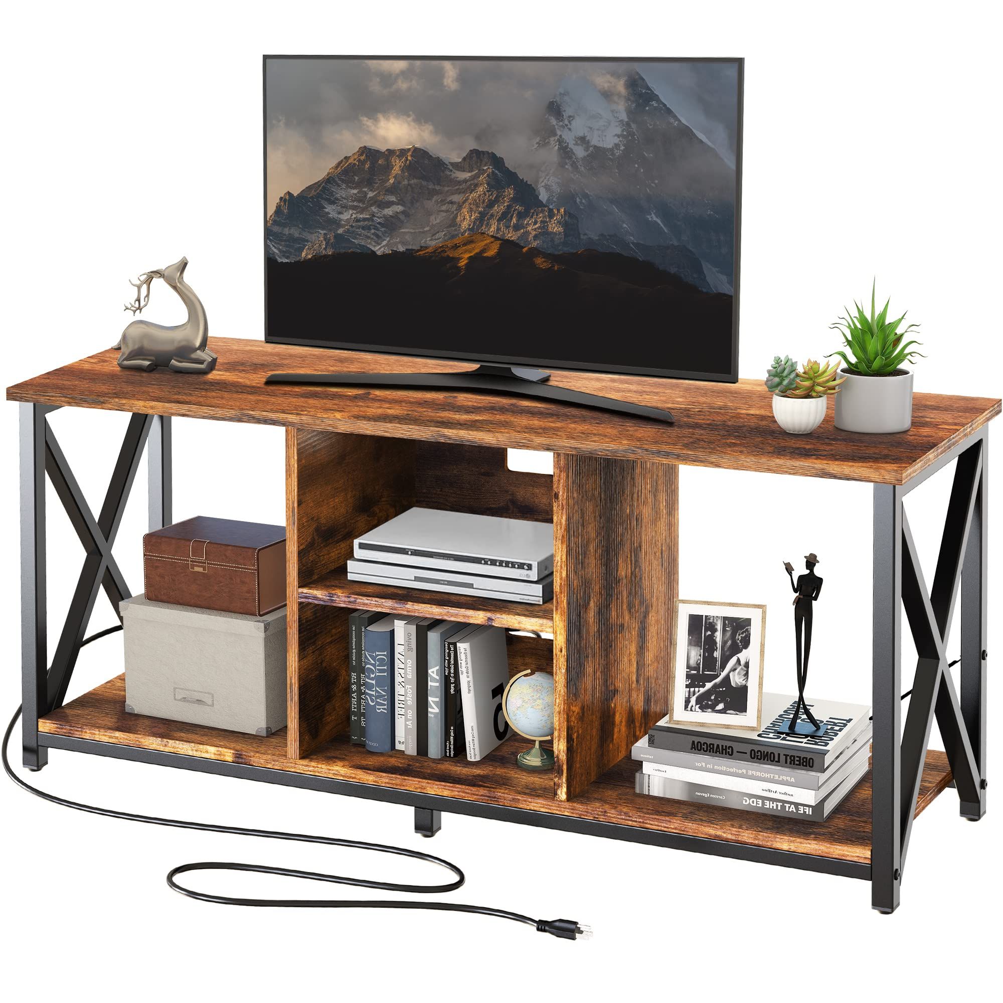 Widely Used Amazon: Fabato Wood Tv Stand With Charging Station For Tv Up To 65 Inch  With Storage Shelves Entertainment Center Tv Cabinet With Metal Frame  Rustic Brown : Home & Kitchen With Tv Stands With Charging Station (View 1 of 10)