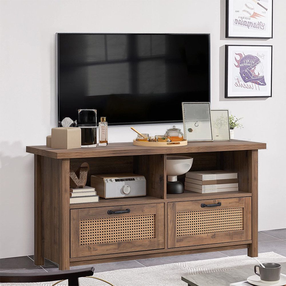 Wood Accent Tv Stands With Regard To Best And Newest Bay Isle Home Farmhouse Tv Stand For Tvs Up To 55", Modern Cabinet Wood  Accent Buffet Sideboard W/ 2 Rattan Drawer (View 5 of 10)