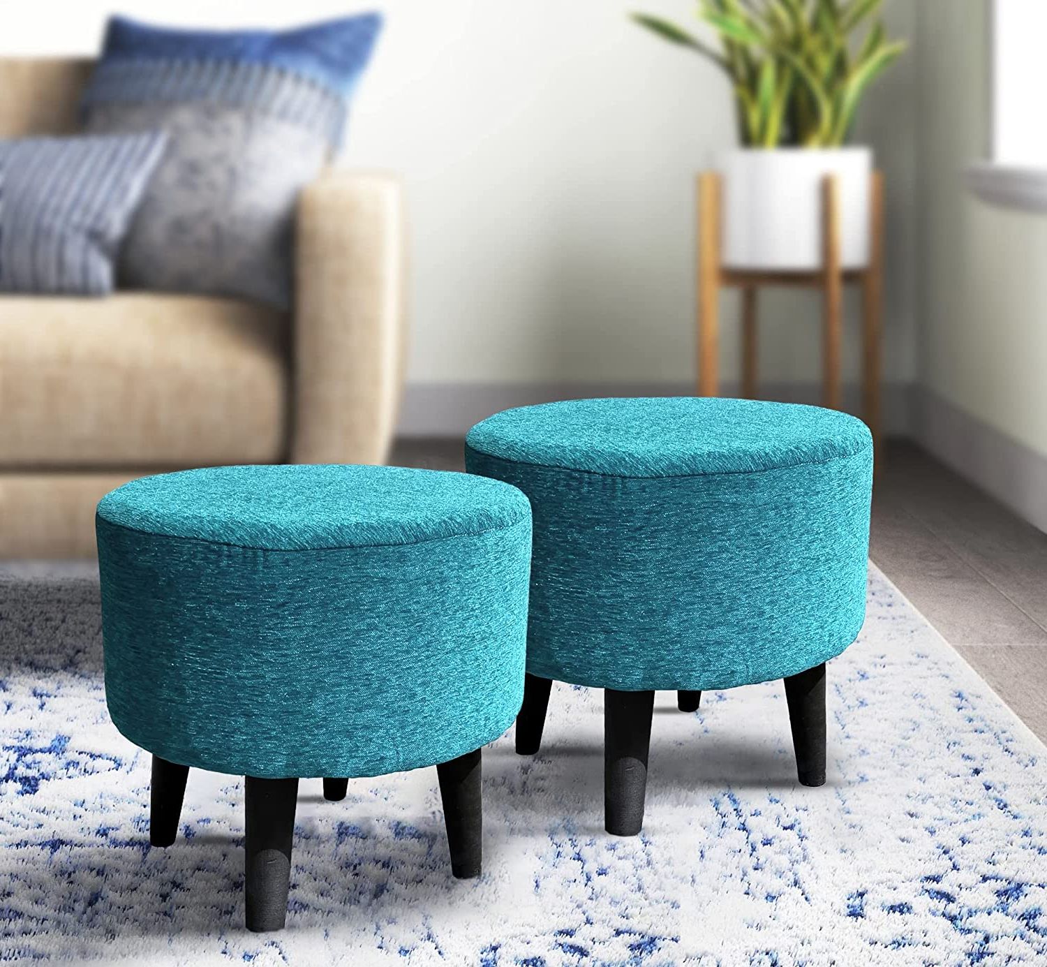 16 Inch Ottomans Inside Newest Homeaccex Ottoman Puffy Stool For Living Room Set Of 2 Pouffes Sitting  Furniture Wooden Upholstered Foam Cushioned Puffies Footrest Footstool Home  Multifunctional Fancy Stool (16" Inch Height Aqua) : Amazon (View 10 of 10)