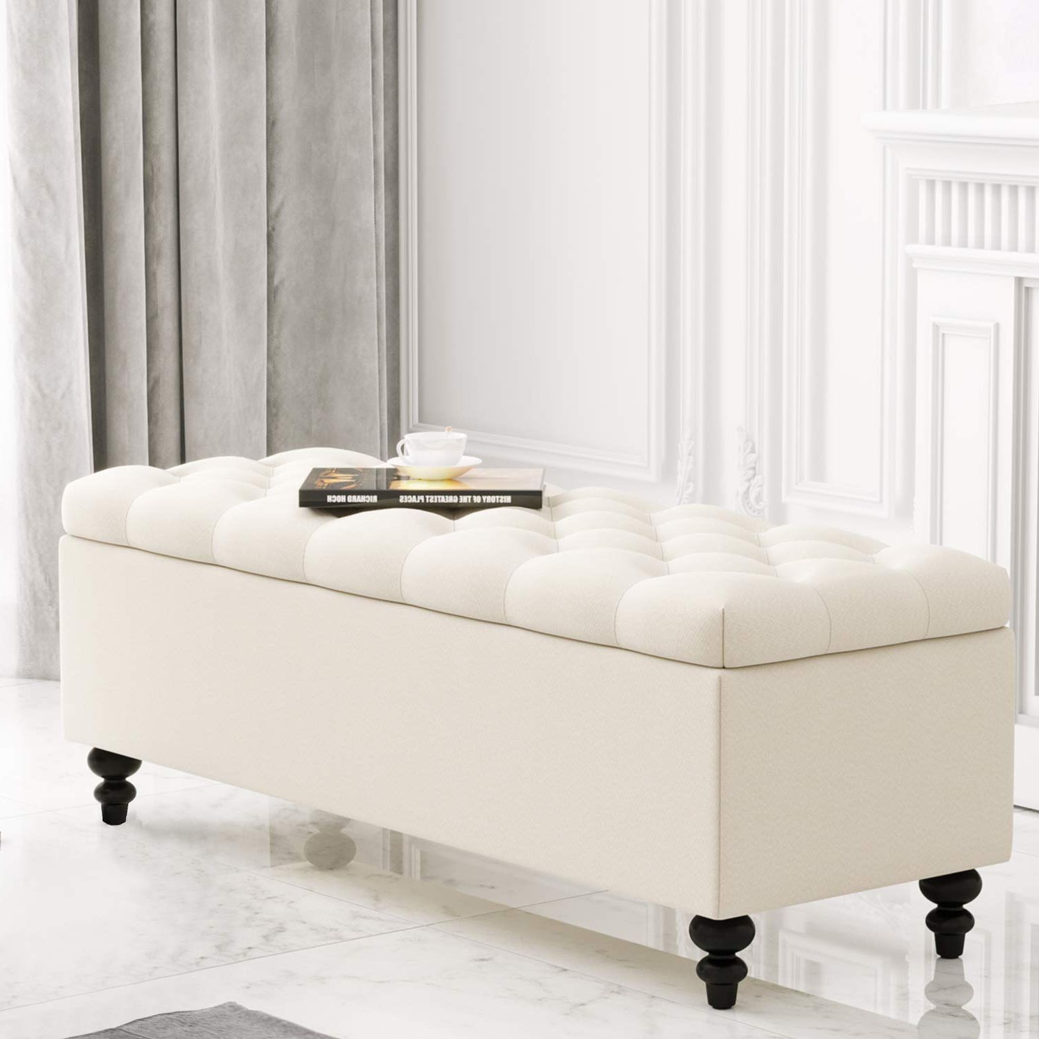 2017 Ivory And Blue Ottomans For Amazon: Huimo Ottoman With Storage, 51 Inch Storage Ottoman Bench With  Button Tufted, Bedroom Bench Safety Hinge Ottoman In Upholstered Fabrics,  Large Storage Bench For Bedroom, Living Room (ivory) : Home & Kitchen (View 7 of 10)