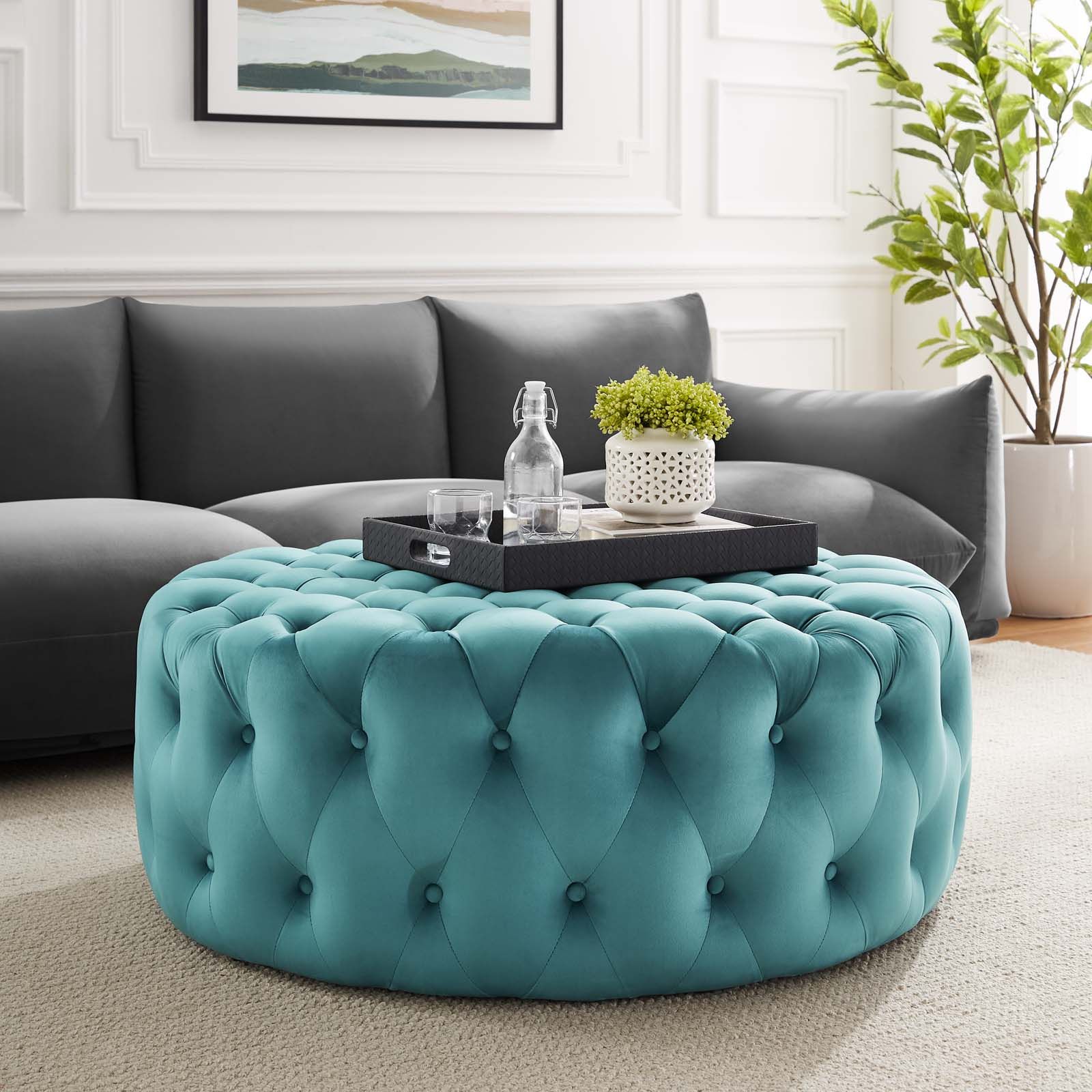 2017 Ivory Velvet Totally Tufted Round Ottoman Coffee Table With Regard To Ivory And Blue Ottomans (View 6 of 10)