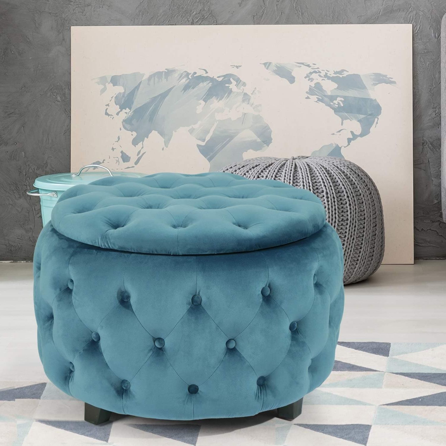 Adeco Tufted Blue Round Storage Ottoman – On Sale – Overstock – 28746022 Within Well Liked 18 Inch Ottomans (View 7 of 10)