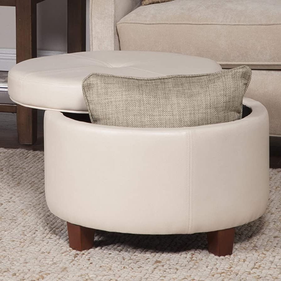 Amazon: Large Ivory Faux Leather Round Storage Ottoman Cream Solid  Transitional Foam Wood : Home & Kitchen For Most Up To Date Ivory Faux Leather Ottomans (View 2 of 10)