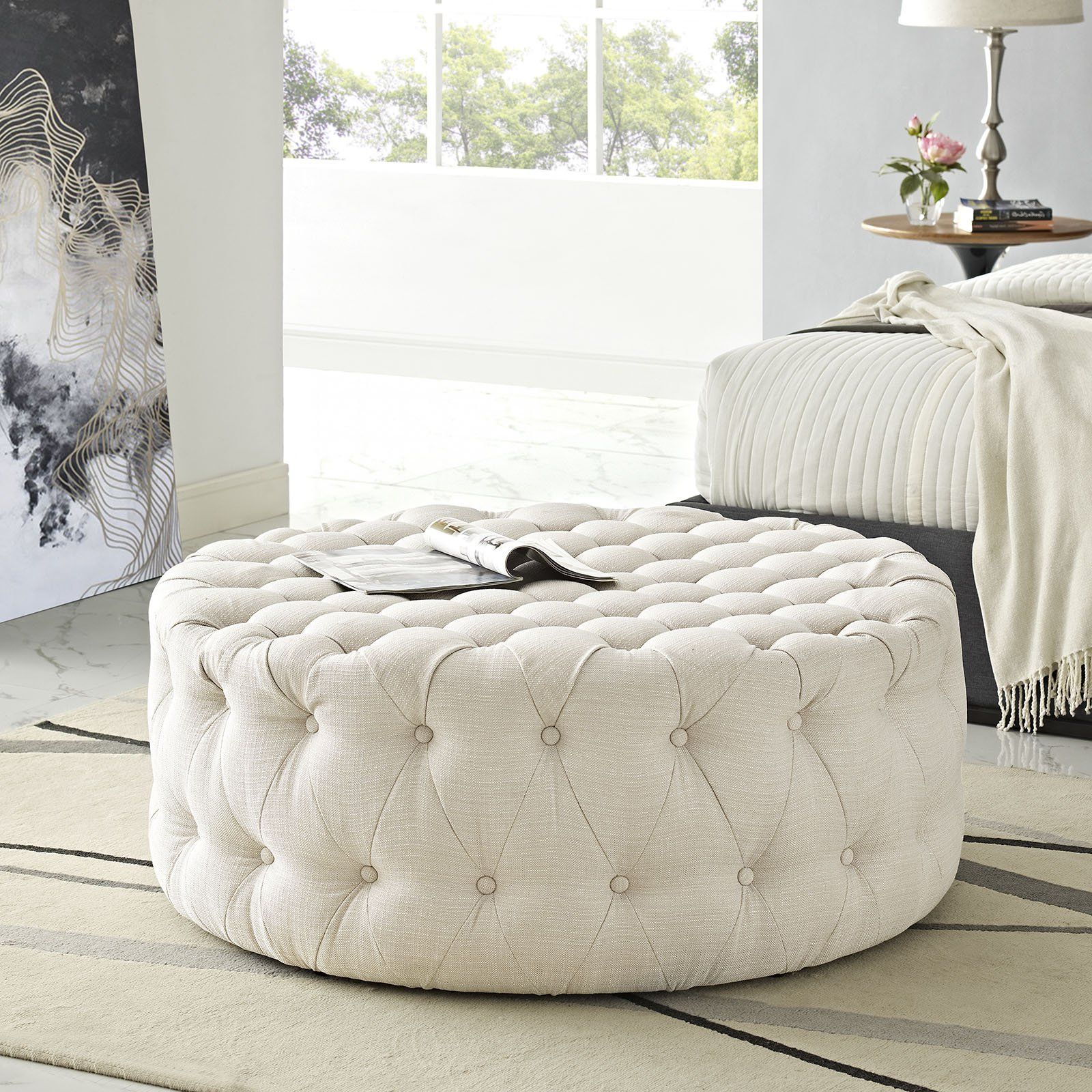 Amazon: Modway Amour Fabric Upholstered Button Tufted Round, Ottoman,  Beige : Home & Kitchen Within Favorite Fabric Upholstered Ottomans (View 3 of 10)