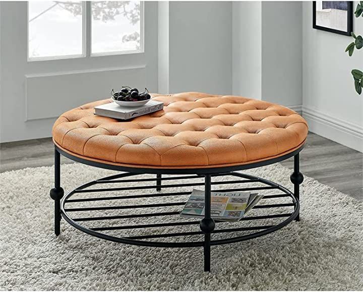 Amazon: Partner Furniture 36" Round Faux Leather Tufted Cocktail Ottoman  In Orange Brown : Home & Kitchen Inside Latest 36 Inch Round Ottomans (View 5 of 10)