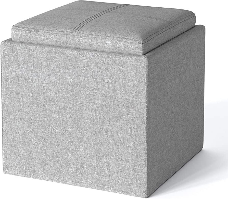 Amazon: Simplihome Rockwood 17 Inch Wide Square Cube Storage Ottoman  With Tray In Cloud Grey Linen Look Fabric, Footrest Stool, Coffee Table For  The Living Room, Bedroom, And Kids Room, Contemporary : For Most Current Solid Linen Cube Ottomans (View 5 of 10)